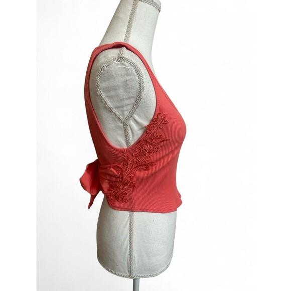 NWT Free People Women's M  Tie Back Cropped Tank Floral Appliqué Coral $68 NEW - Picture 5 of 6